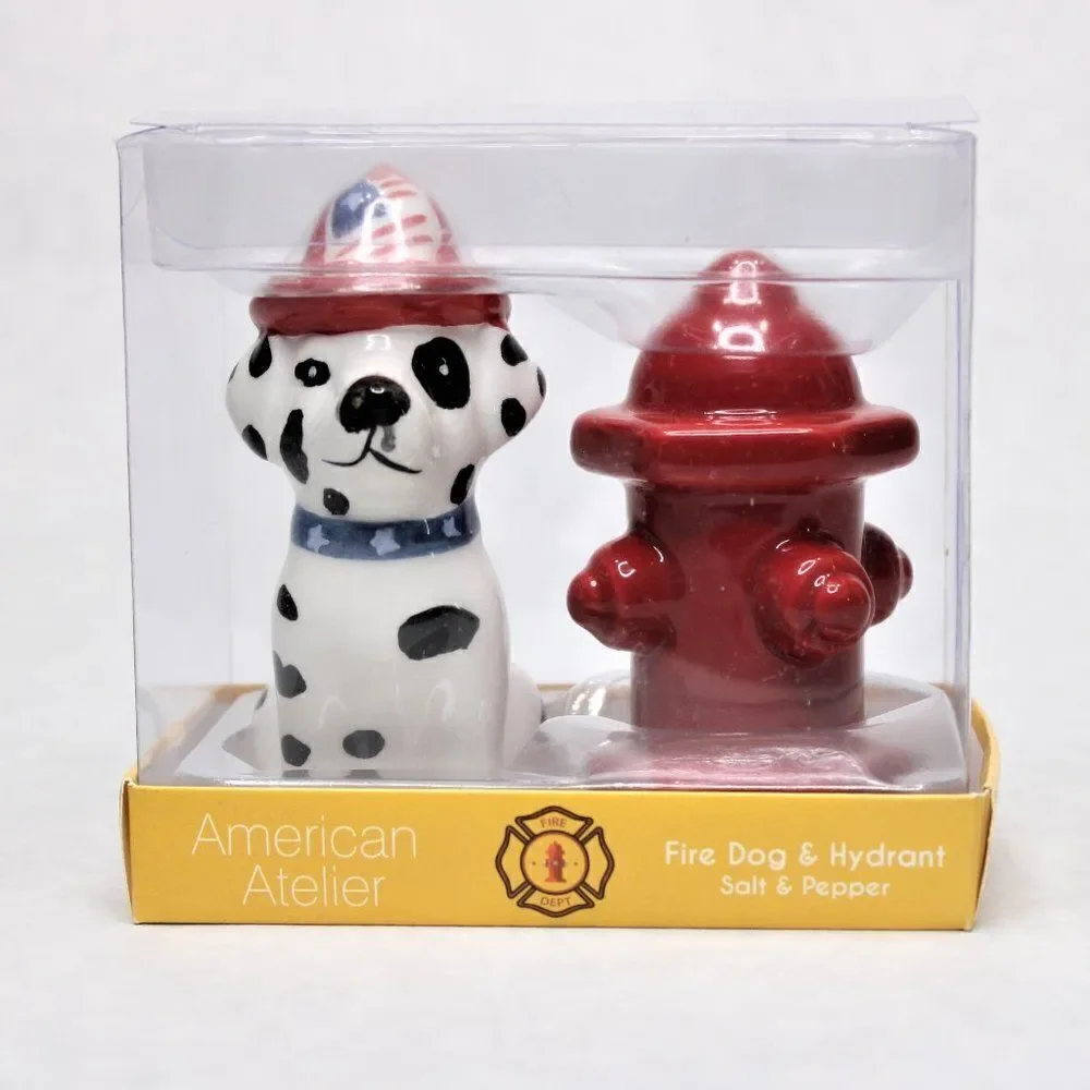 Collectable Dalmatian Puppy Dog & Red Fire Hydrant Salt & Pepper Shakers